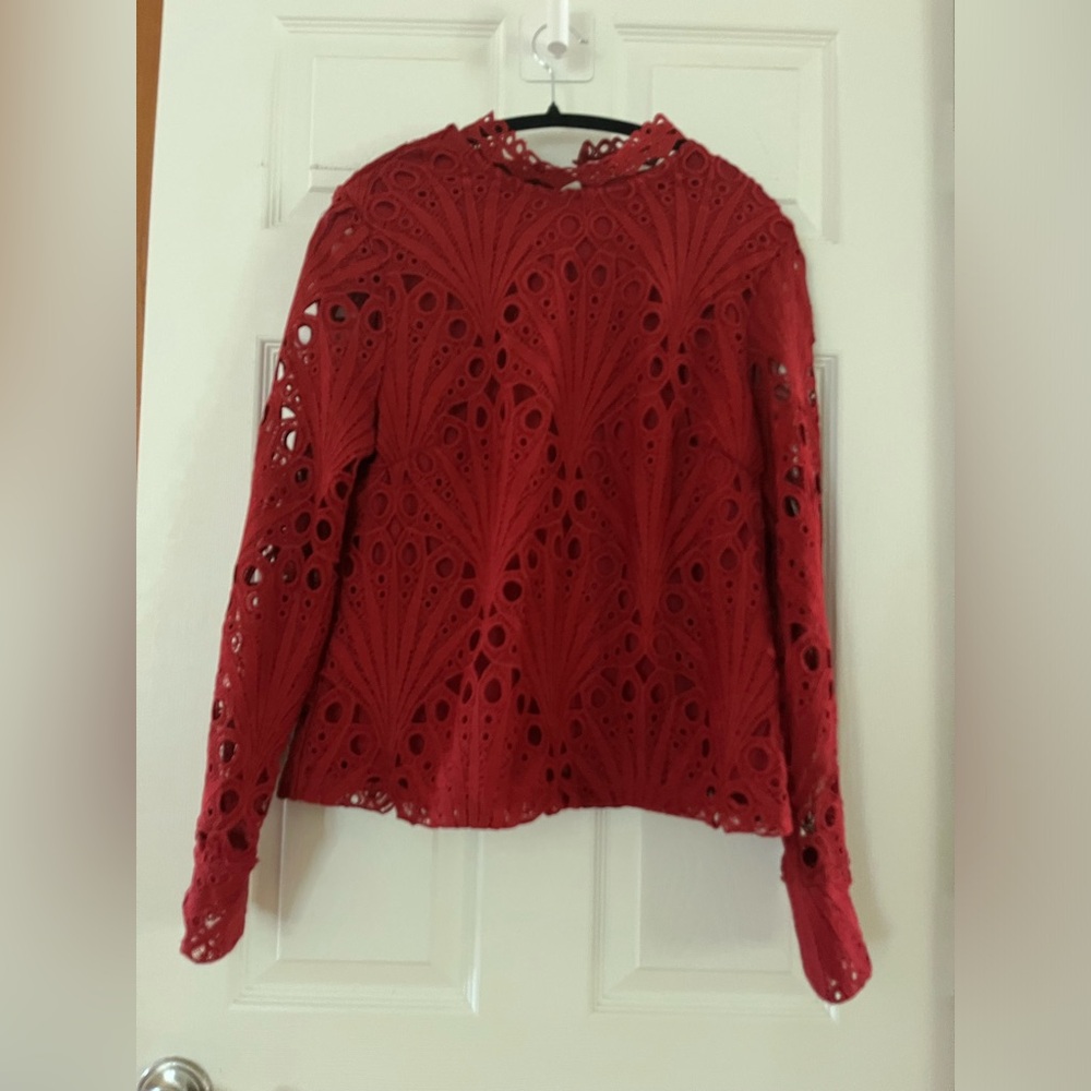 Ultra Pink Burgundy Lace Cutout Long-Sleeve Blouse